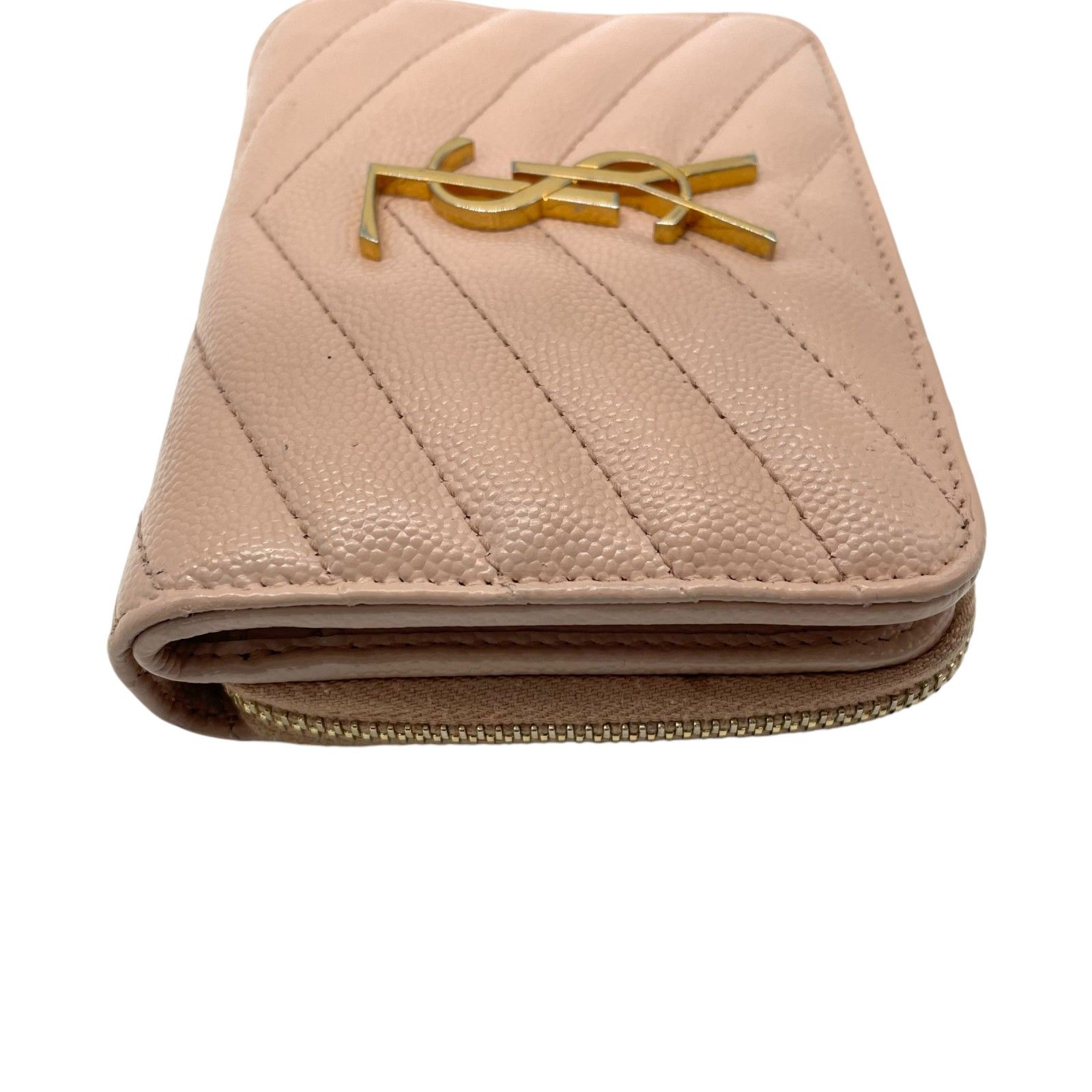 サンローラン パリ 二つ折り財布 カサンドラ Vステッチ ピンクベージュ  
