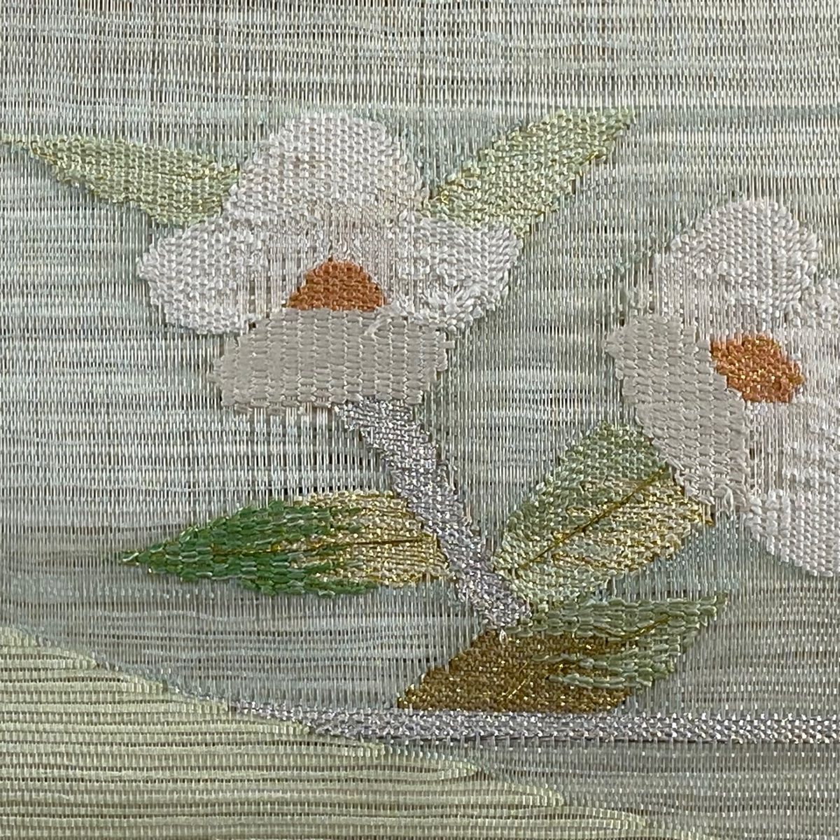 名古屋帯 秀品 夏帯 絽 八寸名古屋帯 草花 金銀糸 薄緑 正絹