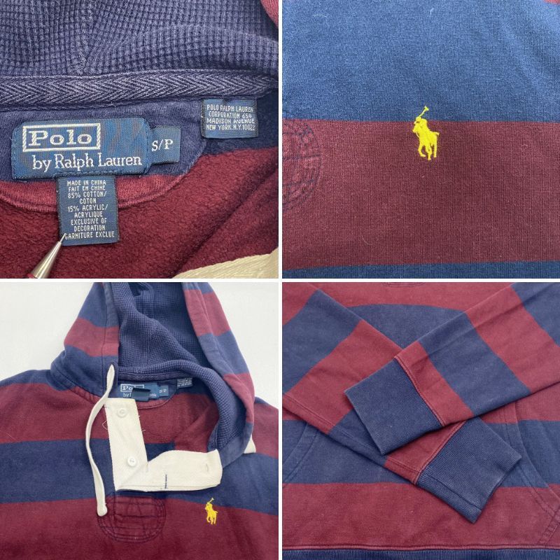 ポロ ラルフローレン Polo by Ralph Lauren プルオーバー スウェットラガーパーカー フーディ 太ボーダー柄 裏起毛 ロゴ 刺繍 サイズ：S ネイビー×エンジ