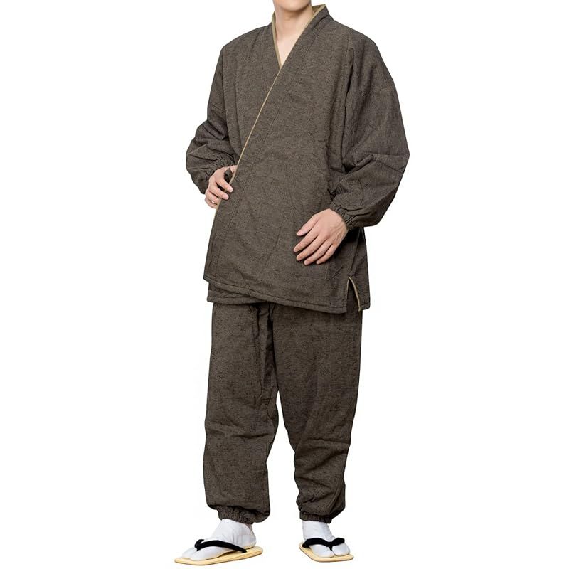 キョウエツ 作務衣 冬用 中綿入り 紬風生地 フリース裏地 16 メンズ M 樺茶