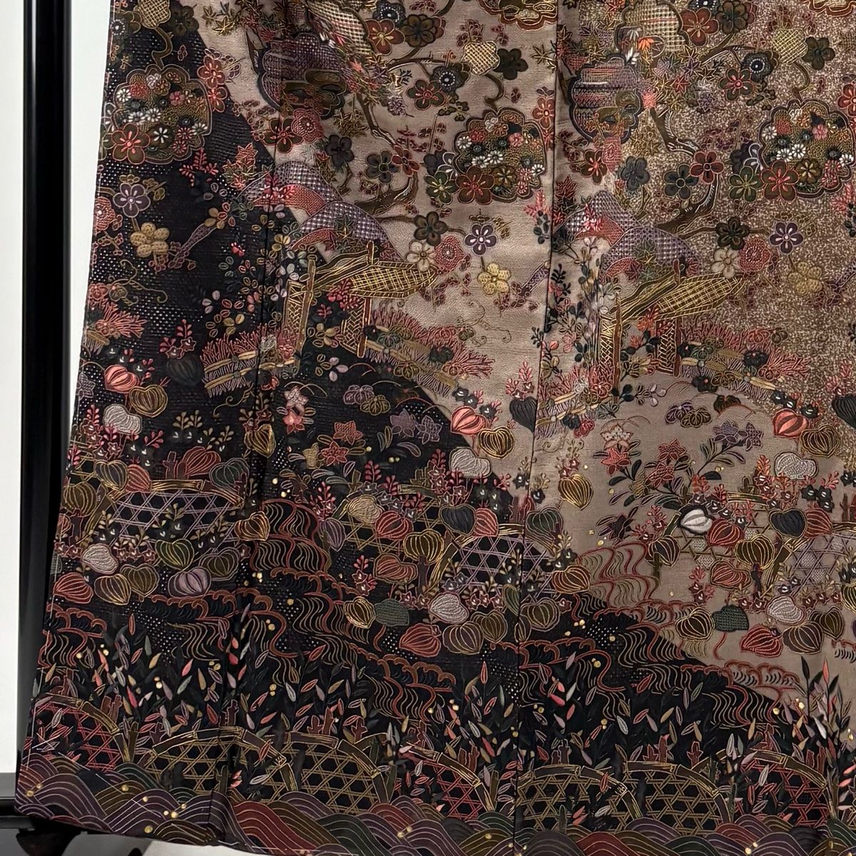 訪問着 身丈164cm 裄丈62cm S 袷 草花 門 金糸 刺繍 薄小豆 正絹 美品  