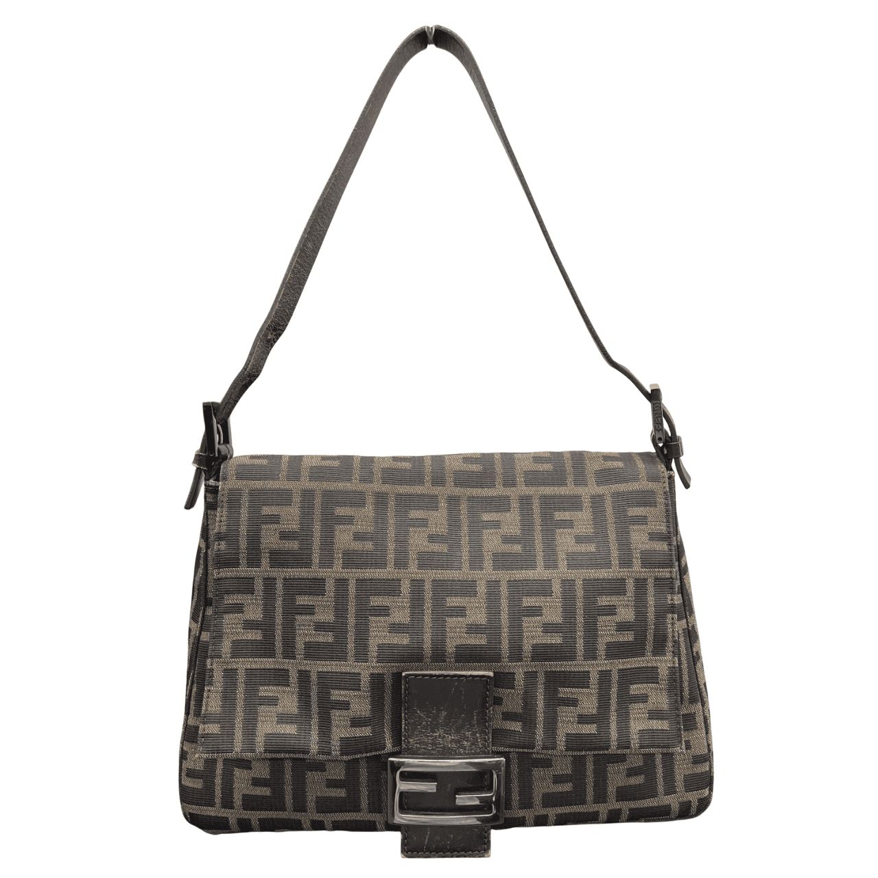 FENDI マンマバケット ズッカ 8BR001 FFロゴ キャンバス レザー メッセンジャーバッグ ショルダーバッグ ダークブラウン フェンディ Bランク 鑑定済