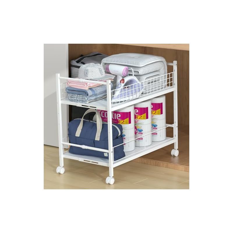 PRTONE 押入れ収納 キャスター付き 幅伸縮タイプ 約W29～41.5xD73xH64.5cm 押入れ収納ラック 2段 上板が3段階調整可 クローゼット 収納 ラック 押入れ 棚 整理棚 階段下収納 デスク下 収納 ワゴン スチールラック 伸 0