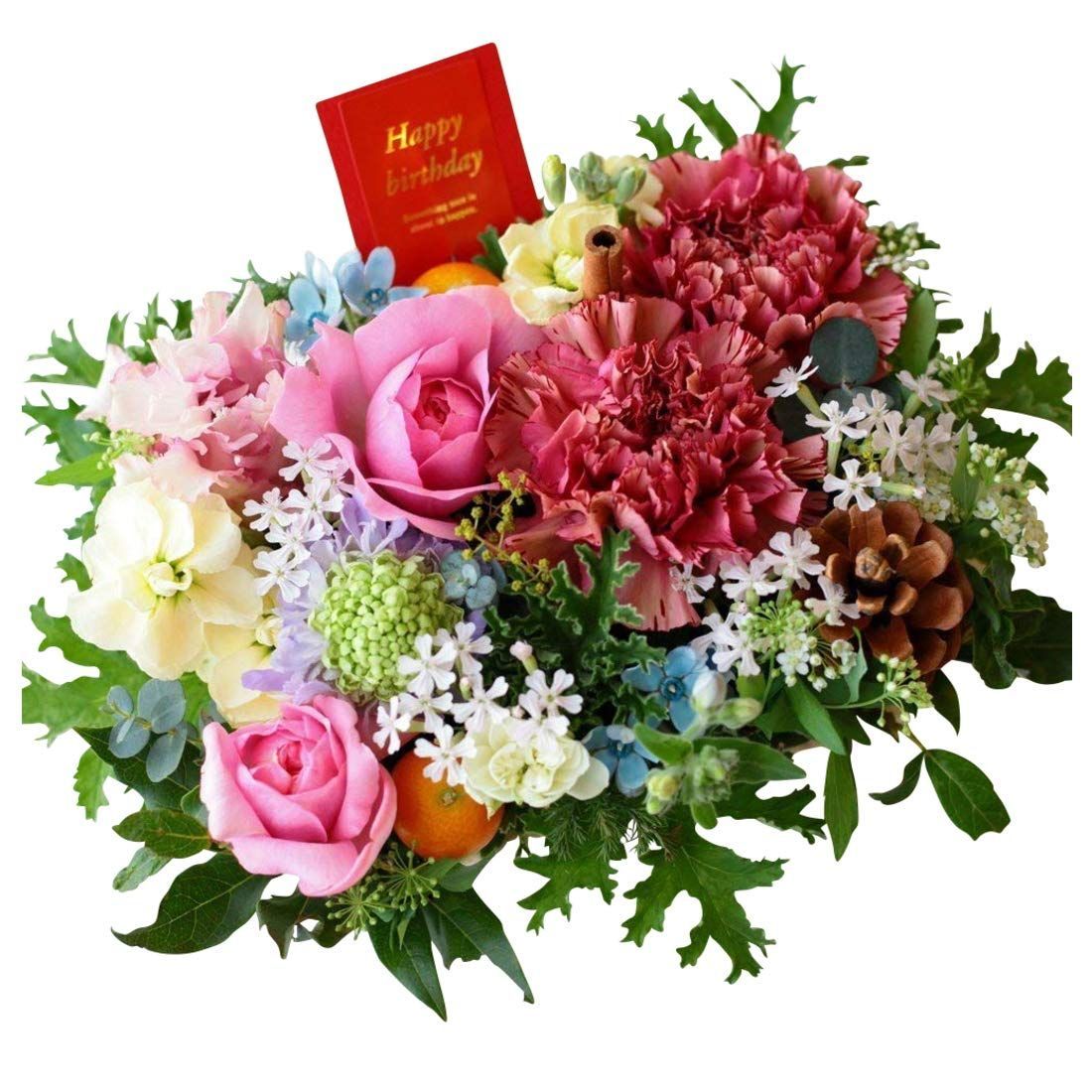 数量 季節のお花を使った生花 誕生日お祝いに フラワーケーキアレンジメント カラフル Happy アレンジメント birthday 誕生日 ピック付 ギフト w-c-pick フラワー