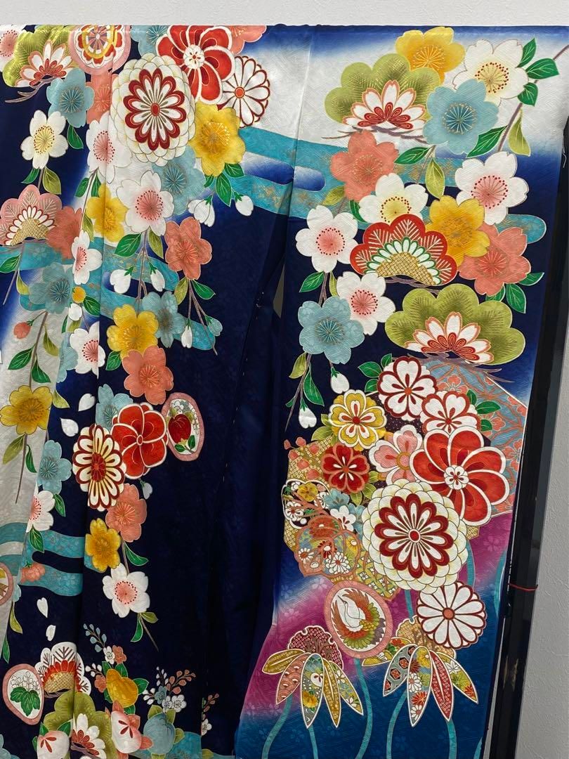 振袖 仮絵羽 京友禅 舞台衣装 金駒 金彩 牡丹 大輪 正絹 未仕立て品 八掛付 引き振袖 型友禅 未仕立て品 仮絵羽 金駒 金彩 折り鶴 鞠 八