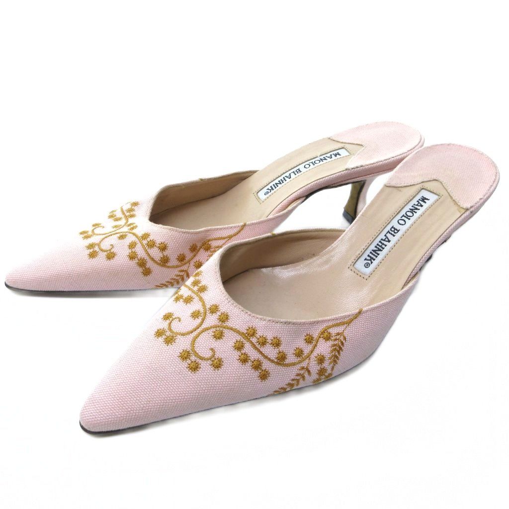 マノロブラニク MANOLO BLAHNIK ミュール サンダル ヒール ポインテッドトゥ 花柄刺繍 ピンク 36 約23cm IBO81