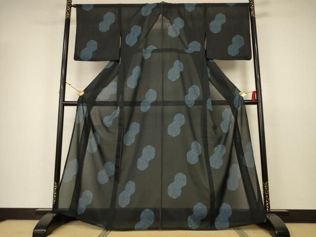 平和屋着物＊夏物 小紋 絽 花唐草文 黒地 洗える着物 CAAW3054ut