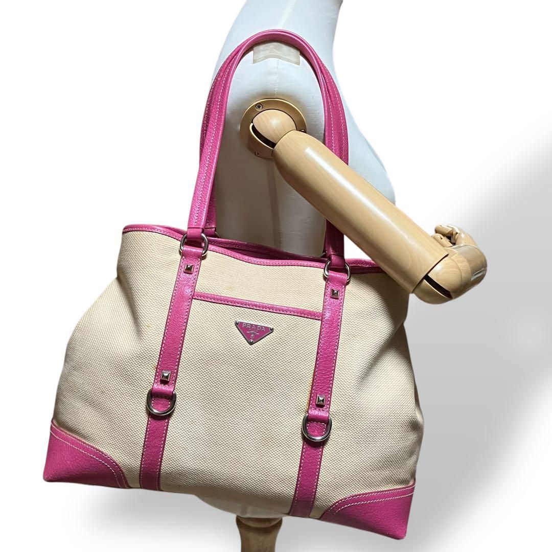良品 2002 PRADA トートバッグ キャンバス レザー ピンク A4 良品 2002 PRADA トートバッグ キャンバス レザー ピンク A4