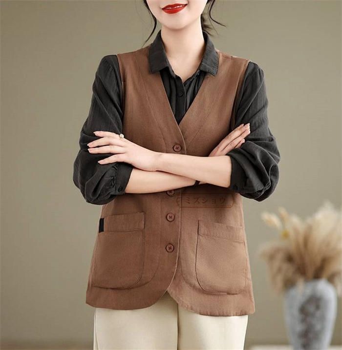 ベスト ジレ 中綿ドロストベスト レディース 綿麻風 ジレ レディース ベスト レディース 春夏 後ろベルト付き