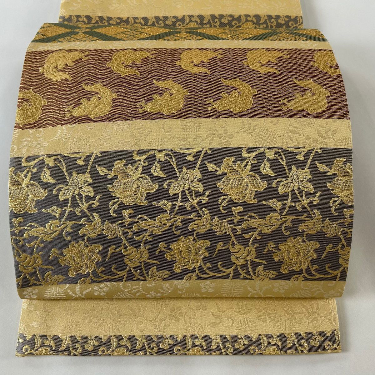 袋帯 美品 秀品 荒磯 花唐草 金糸 箔 薄茶色 全通 正絹 【中古