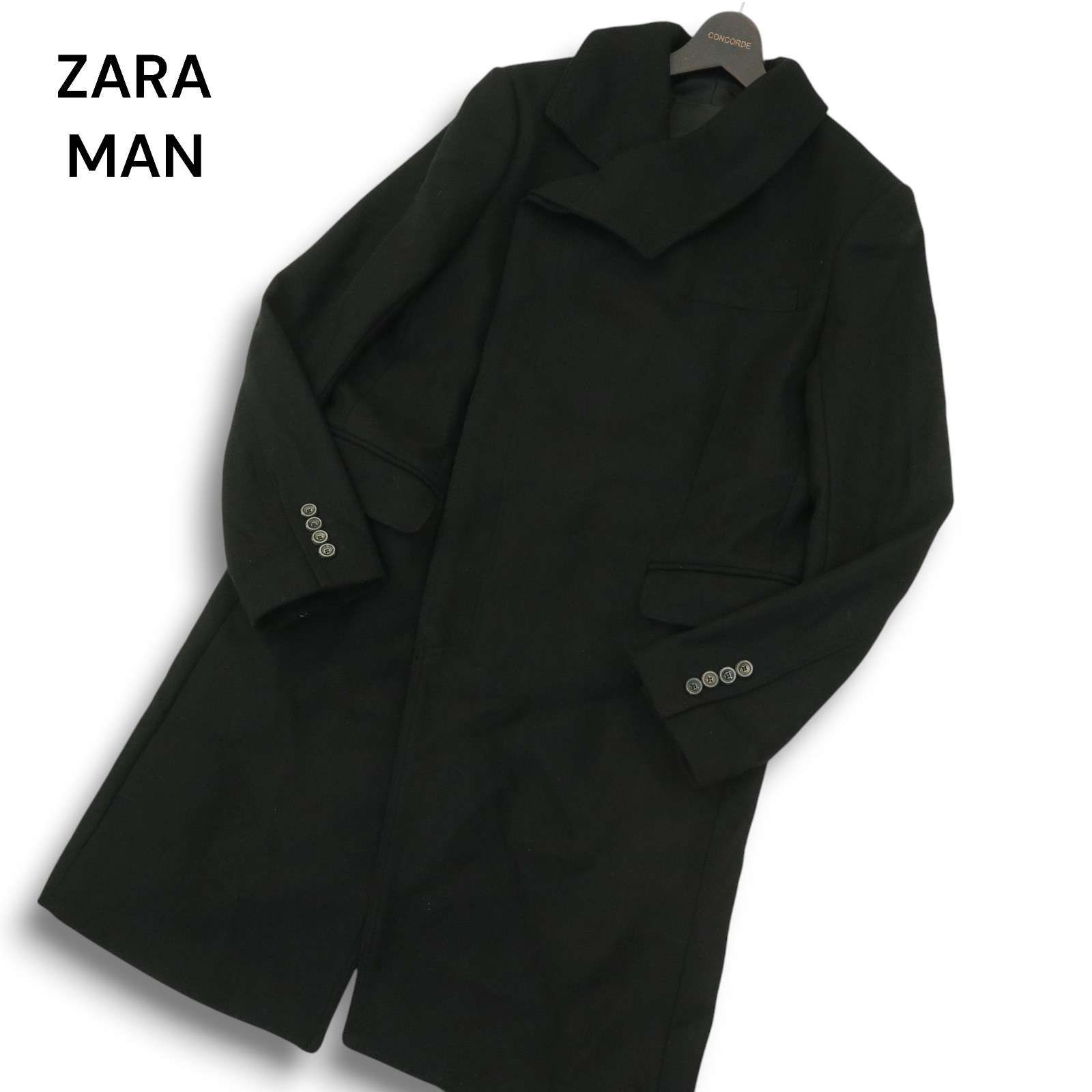 ZARA MAN ウールコート M（L) 黒 フード 美品 比翼ジップ すれれ