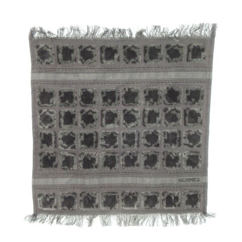 エルメス HERMES 2006年 銀座 ハンドタオル ハンカチ パイル フリンジ ロゴ刺繍 総柄 グレー |MN8 GY19