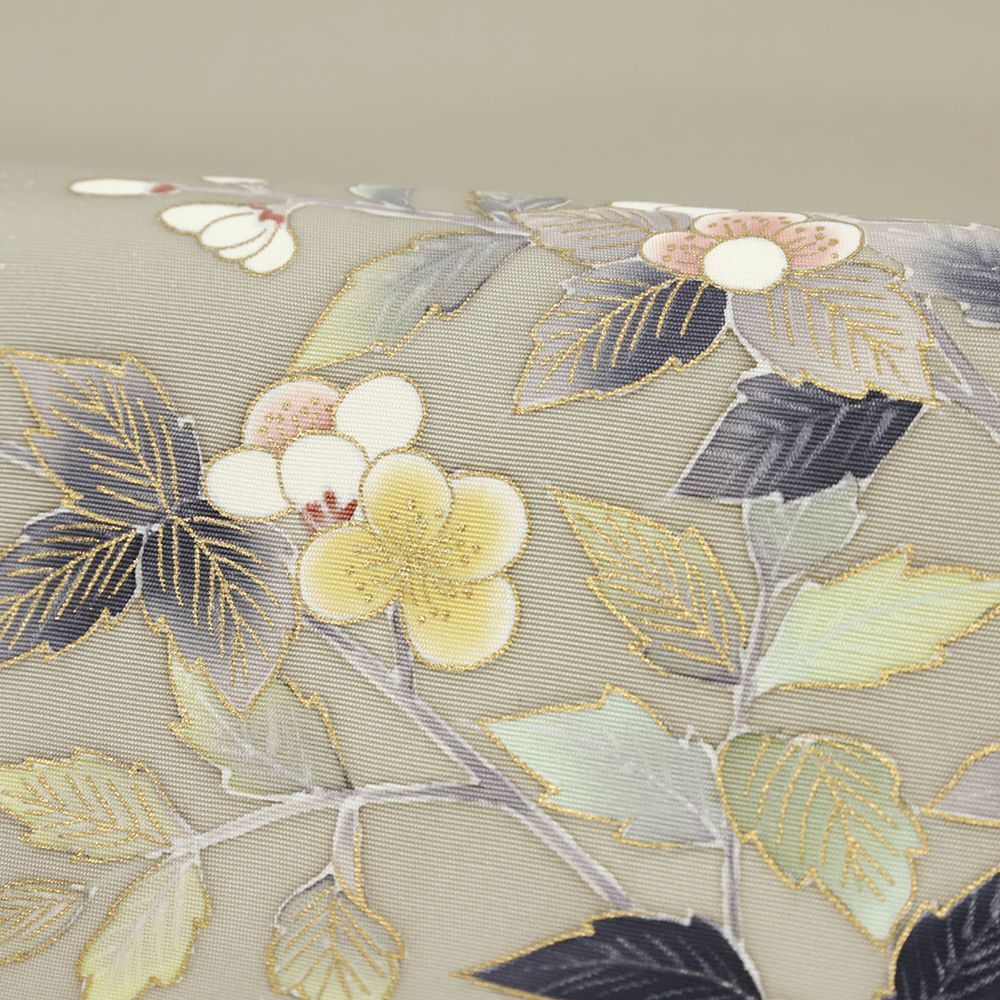 名古屋帯 長尺 正絹 グレージュ 中古 未使用 花 梅の木 塩瀬 友禅染