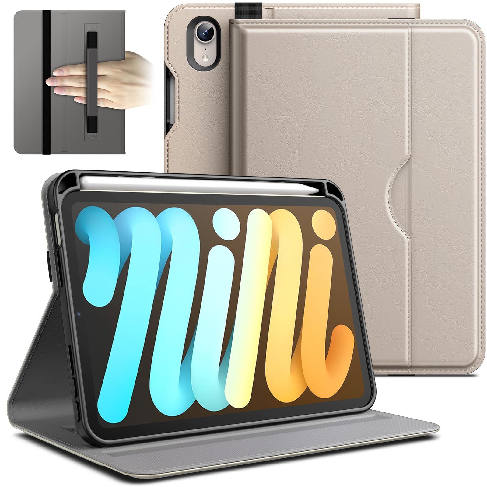 ケース 6 8.3インチ 2021モデル 第6世代 用 mini PUレザー ビジネスフォリオ モデル 第7世代 タブレット保護カバー 2025 Pencilホルダーとポケット付き Pro A 17 マルチアングルの視聴 iPad