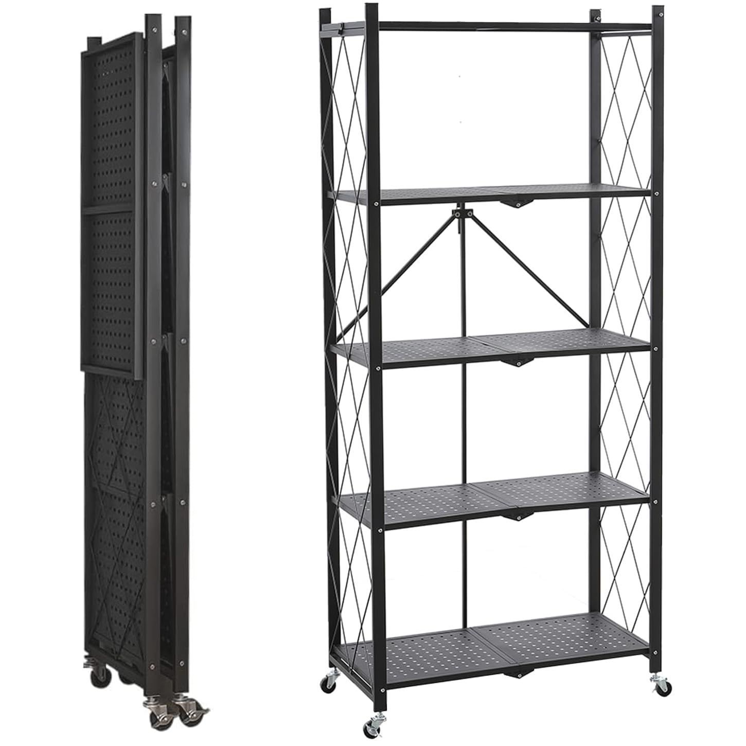 【新着商品】防サビ加工 移動便利 (34D 組み立て簡単 食器棚 x 収納カート 71W キャスター付き x 折りたたみ式 収納ラック 162H キッチンラック cm ユニットシェルフ ブラック) スチールラック