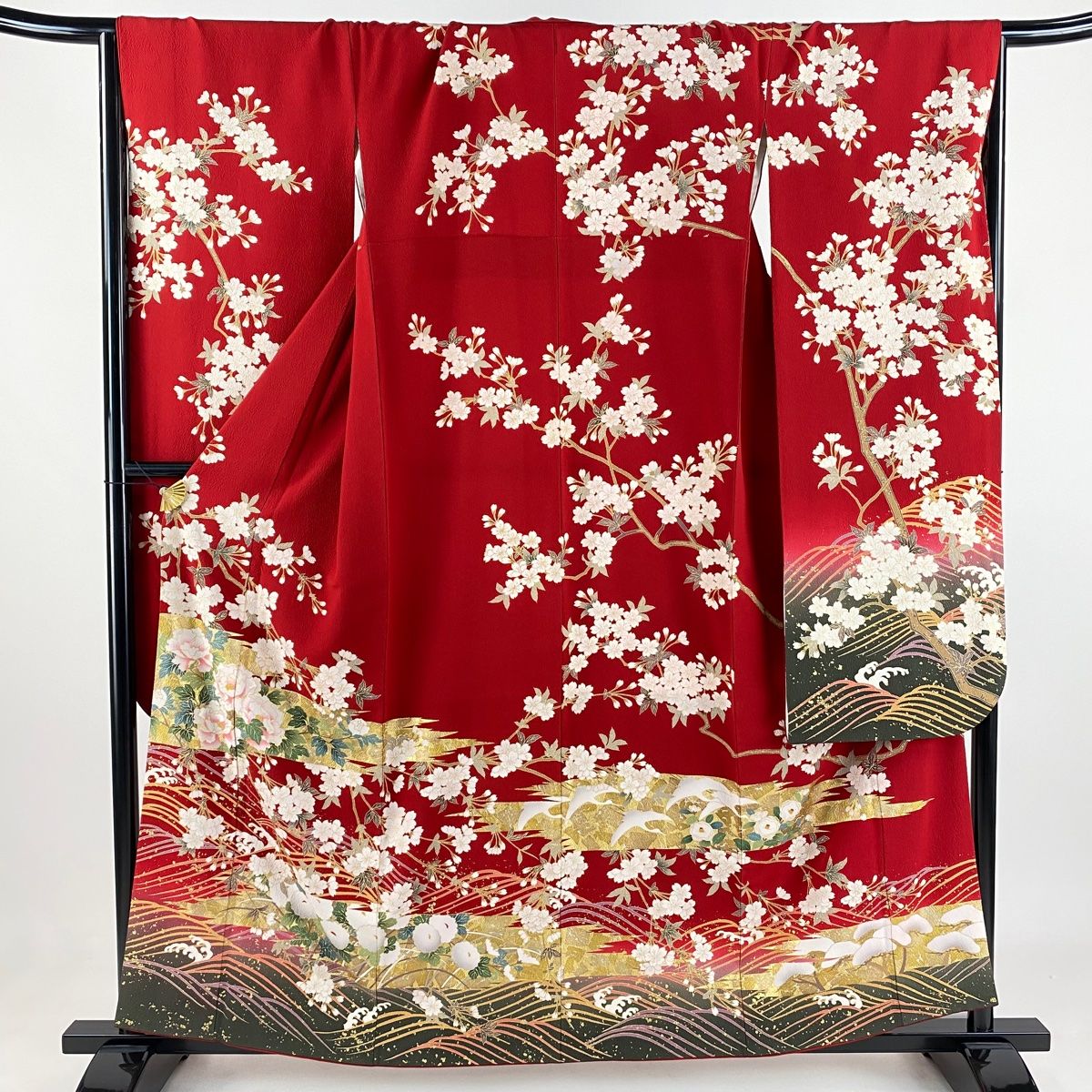 振袖 身丈159cm 裄丈67cm M 袷 鈴乃屋 草花 波 金彩 赤 正絹 秀品