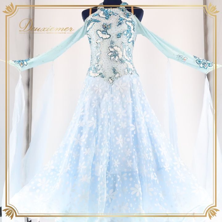 社交ダンス 衣装 ドレス ドレス ワンピース ワンピース デモ 競技 パーティ 発表会 フロート 水色 花 ブルー系 明るい 水色 花柄 ふんわり スカート Mサイズ 競技用 衣装 デザイン レディース おしゃれ ステージ衣装