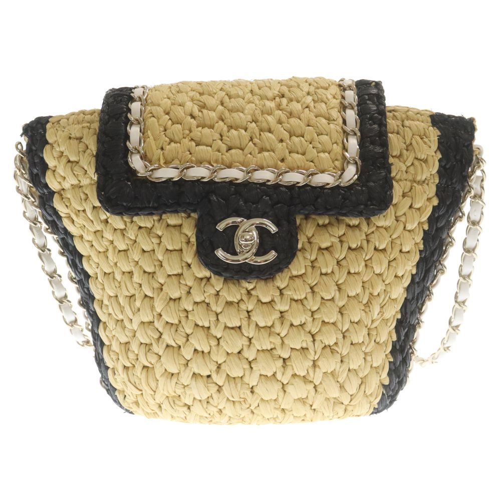 CHANEL (シャネル) 24SS ラフィア チェーン ショルダー カゴバッグ ベージュ/ブラック AS4557 シルバー金具 ランダムシリアル