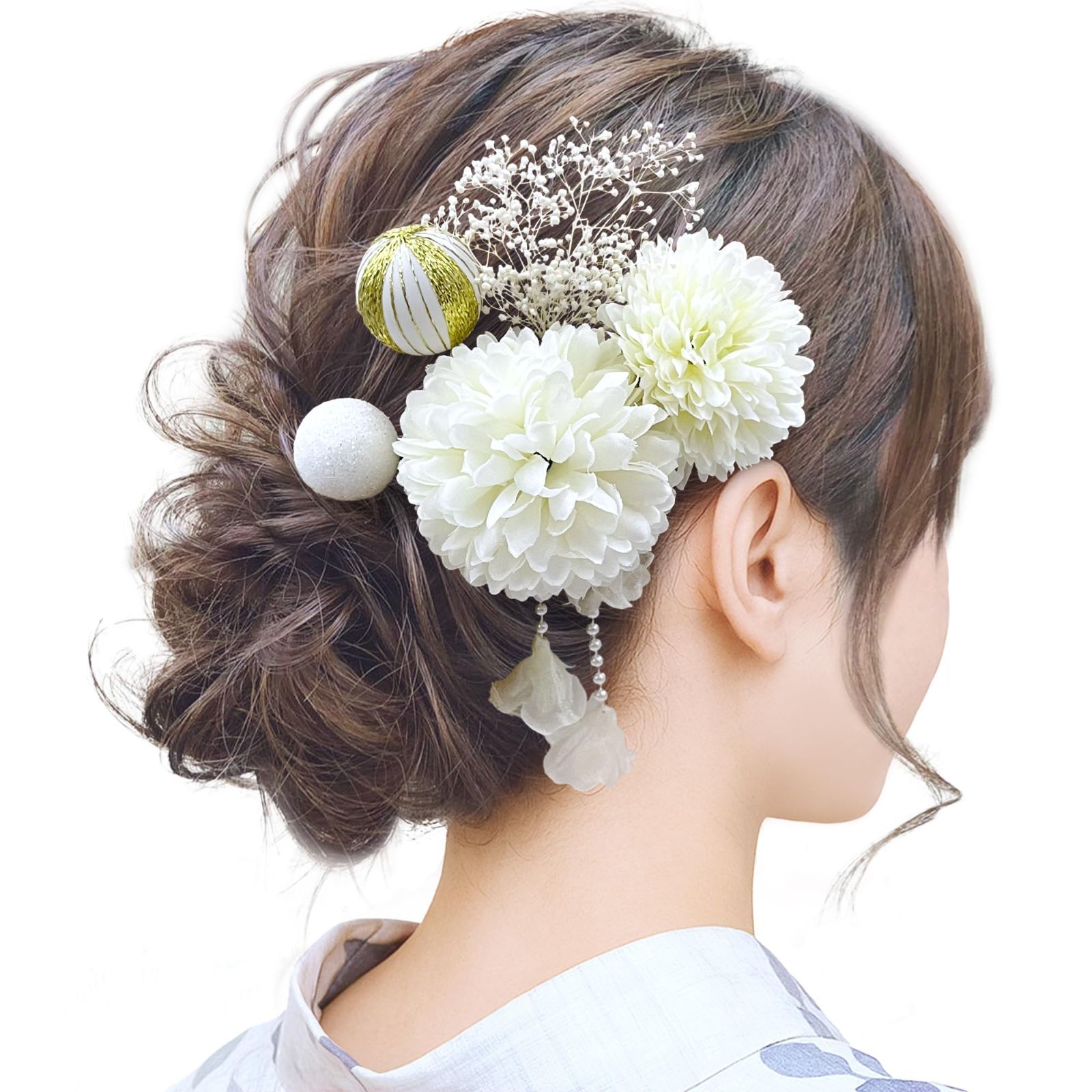 お得，定番人気 在庫処分 YP001 和玉 かすみ草 振袖 袴 着物 和装 結婚式 白 卒業式 和装小物 成人式 ピンポンマム 浴衣 9色展開 髪飾り [Baramoly] 和装小物