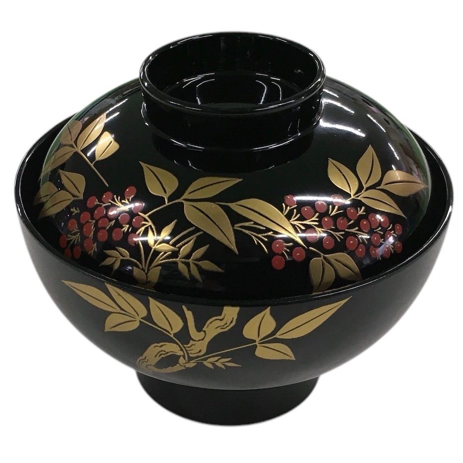 輪島塗 汁椀 5客 漆器 蓋付き 天然木 金彩蒔絵南天文様 お椀 雑煮椀 吸物椀