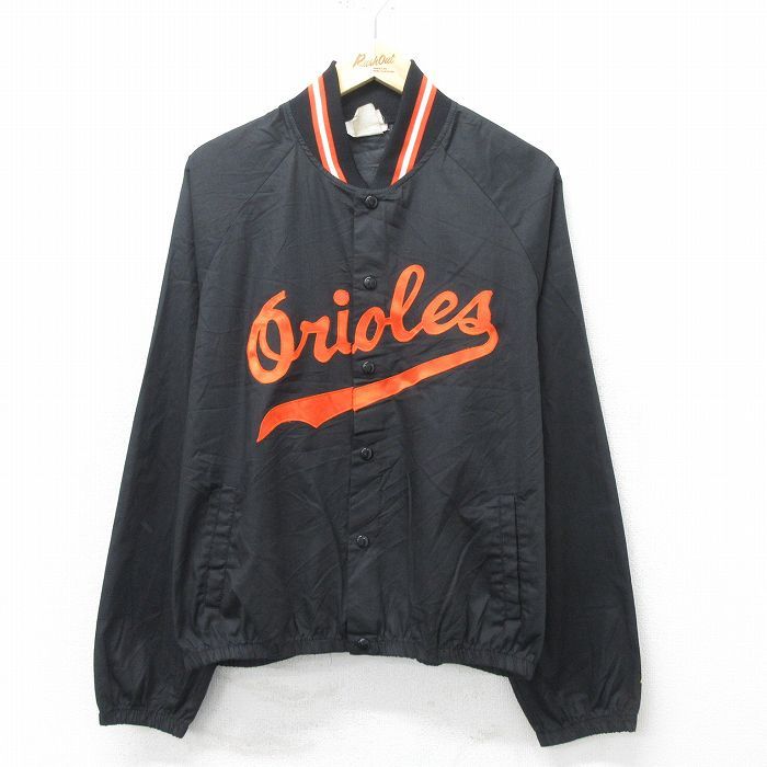 L/古着 マジェスティック 長袖 ジャケット メンズ 80s MLB ボルティモアオリオールズ ラグラン 黒 ブラック メジャーリーグ ベースボール 