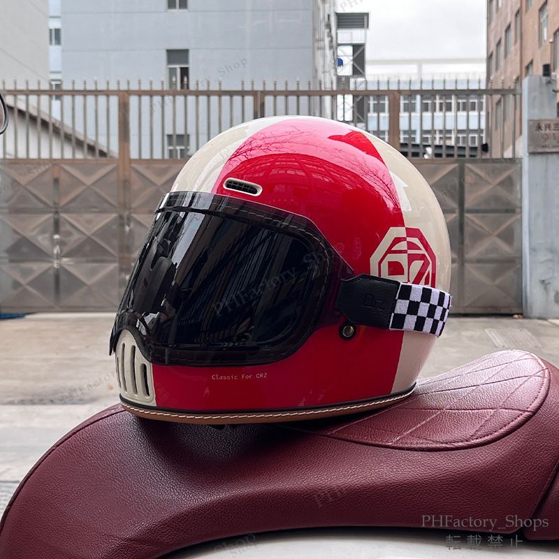 レトロヘルメット クラシック フルフェイスヘルメット ゴーグルが付き バイクヘルメット DOT認定 耐久性 安全性 通気性 男女兼用 レッド＆ベージュ A174