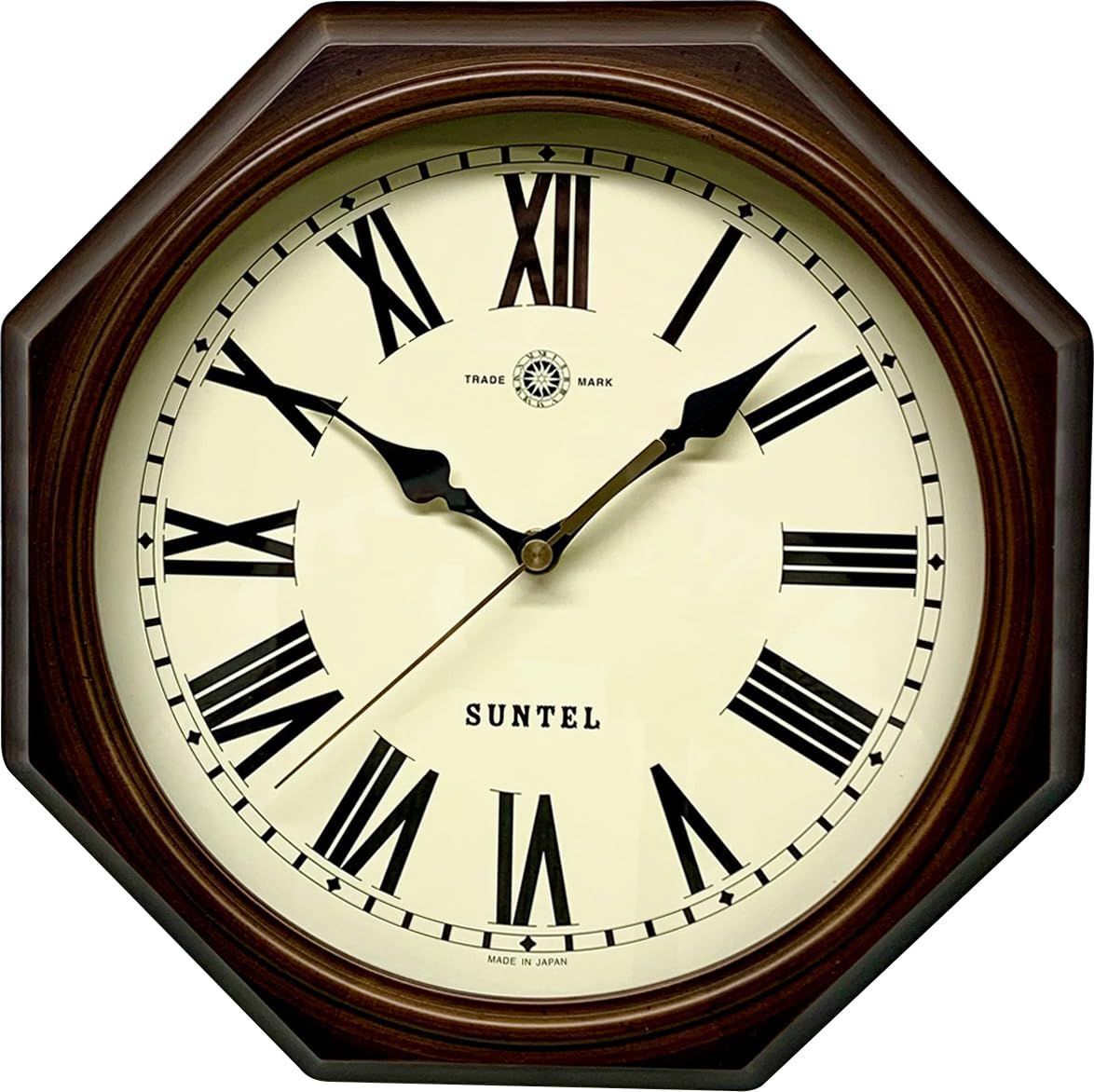 天然木レトロ8角掛け時計 ローマ文字 アンティークブラウン 日本製 QL713-R さんてる