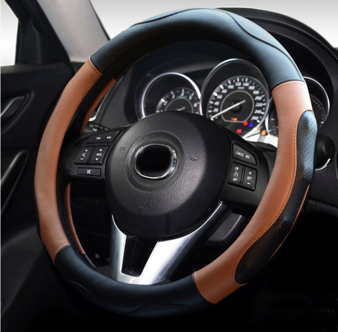 フィット スポーツ風 ステアイングカバー 38cm Mサイズ 触感よく ハンドルカバー 滑り止め 汚れ防止 通気性いい ontto マイクロファイバー革 ブラウン