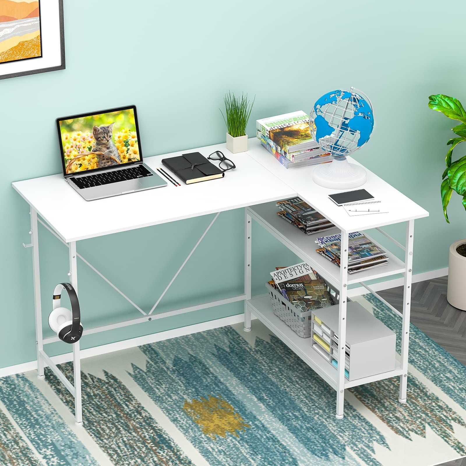 【数量限定】シンプル 作業机 ラック付き ワークデスク 省スペース オフィス 収納 学習机 在宅勤務 テレワーク 机 棚板高さ調節可能 収納ラック付き ゲーミングデスク (ホワイト) コーナーデスク l字型 PCデスク 左右入替え 幅110×奥行48×高さ75