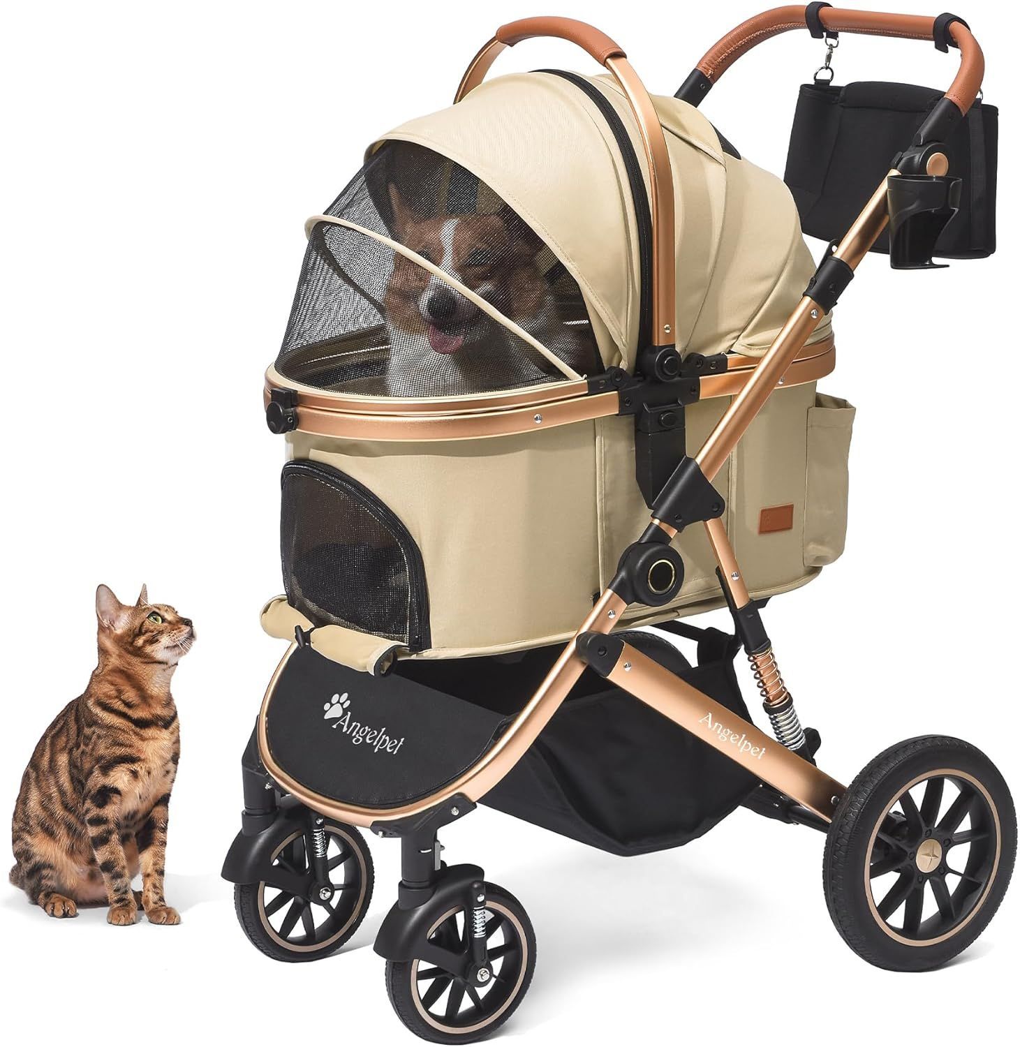 ペットカート 分離型 犬用 バギー いぬ用 4輪 前輪360°回転 後輪ブレーキ付き 組み立て簡単 コンパクト 折りたたみ式 耐荷重25Kg 猫 小型犬多頭 中型犬 分離型ドッグカート カート用バッグ付き 特典 カーキ