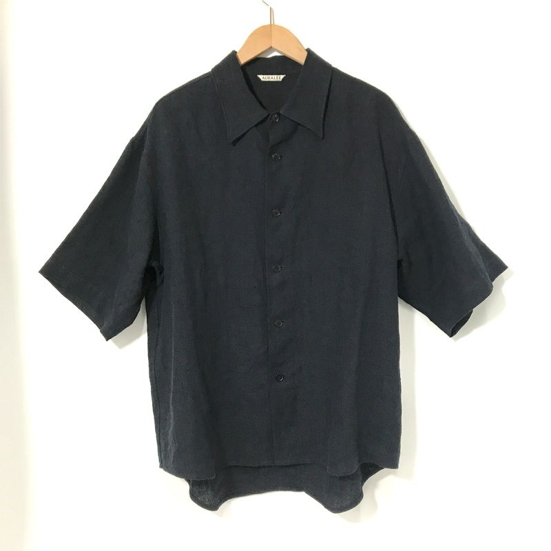 AURALEE リネンシャツ Linen Silk Tweed Half Sleeve Shirt A24SS01LS 半袖 古着 サイズ4 L相当 ネイビー オーラリー トップス A13898◆