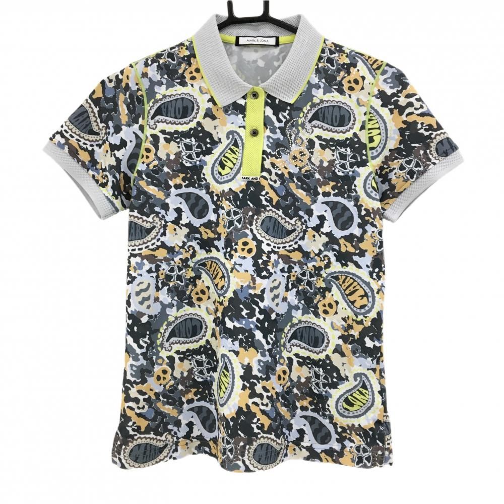 超 マークアンドロナ 半袖ポロシャツ グレー×オレンジ 総柄 ラインストーンスカル レディース 38 M ゴルフウェア MARK&LONA
