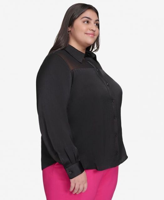 売れ筋商品|||ダナ キャラン ニューヨーク カットソー トップス レディース Plus Size Reverse Satin Button-Front Shirt Skyway Blue 送料無料】 ダナ キャラン ニューヨーク レディース シャツ