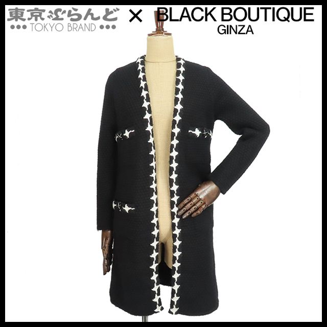 シャネル CHANEL ロングカーディガン P31771W04013 ブラックxホワイト カシミヤ ウール アルパカ×ナイロン×スパンデックス 07A 4ポケット 38 アウター レディース 101777489