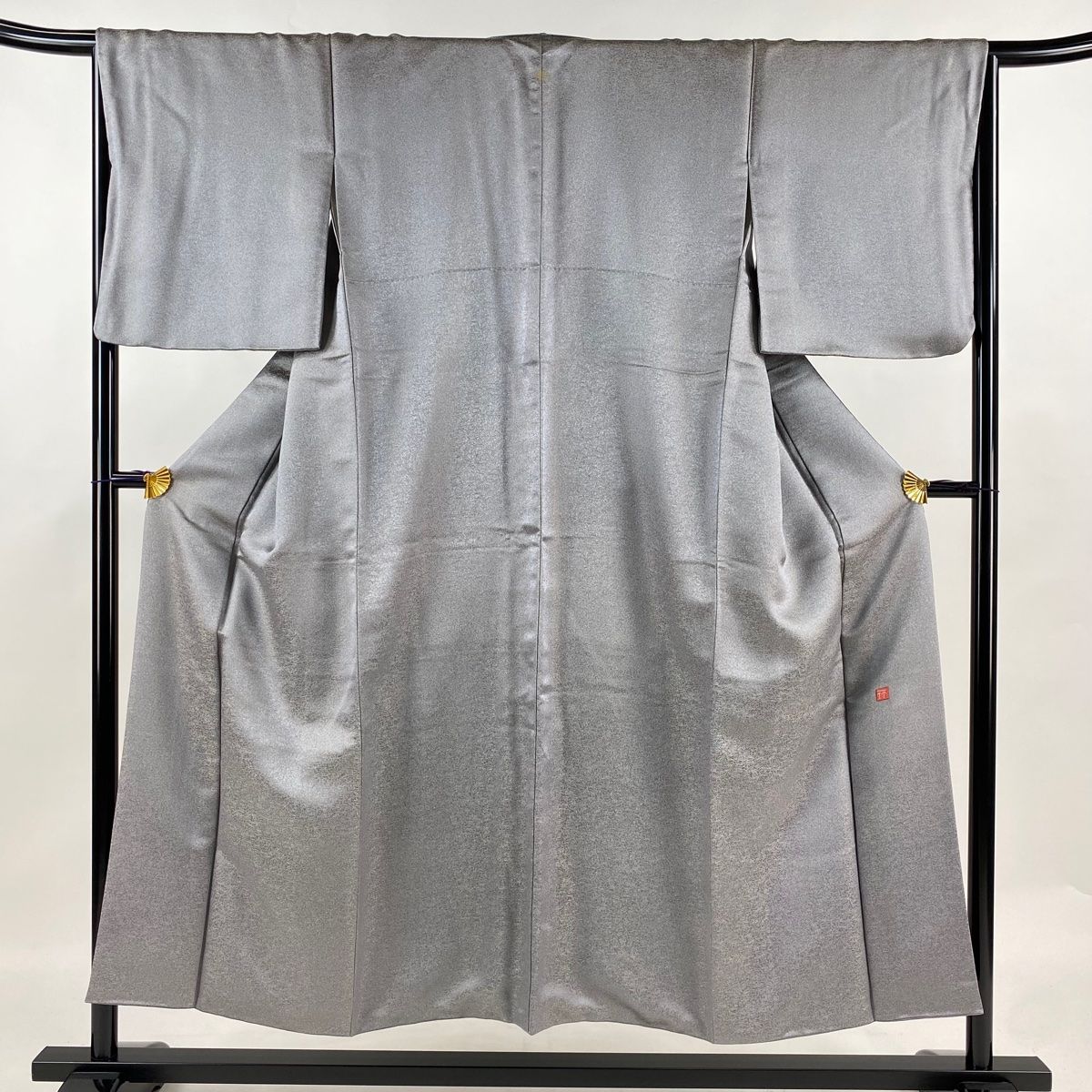 小紋 身丈150.5cm 裄丈65.5cm M 袷 久保田一竹工房 落款 草花 金通し 灰色 正絹 一つ紋