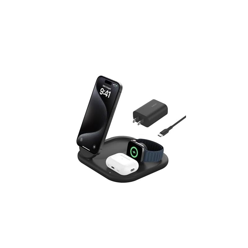 Belkin Qi2 3-in-1 折りたたみ式充電パッド Qi2公式認証|MagSafe対応 iPhone 16|15|14|13|12|Qi2対応スマートフォン 最大15W高速充電 AirPods|ワイヤレス充電対応イヤホン 5W充電 Apple 1