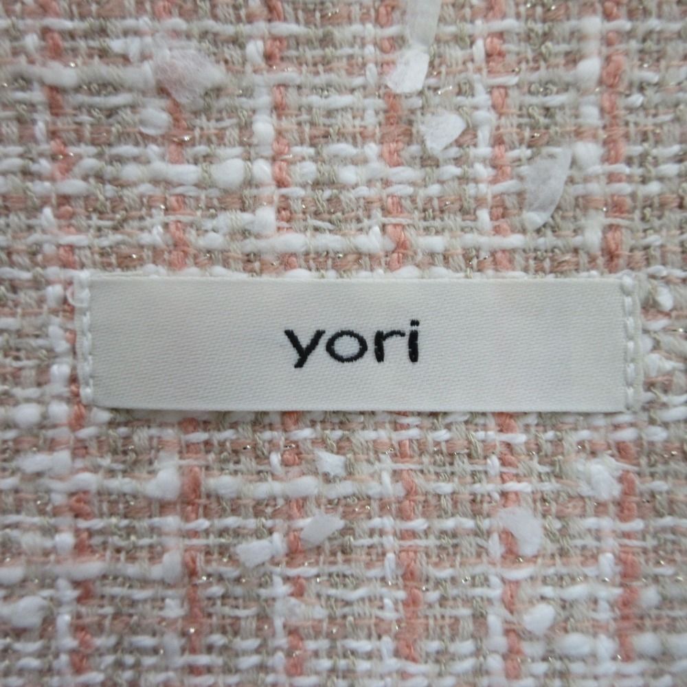 良品 23SS yori ヨリ ウール ミックスツイード ノーカラージャケット サイズF ピンクベージュ レディース 古着 中古 USED 良品 23SS yori ヨリ ウール ミックスツイード ノーカラー