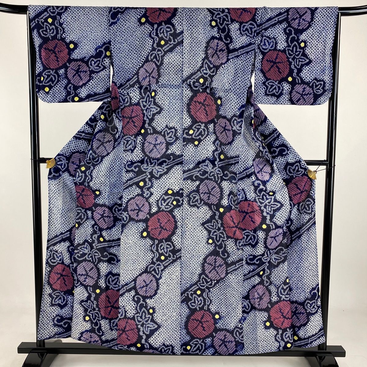 浴衣 身丈159cm 裄丈65cm M 絞り浴衣 朝顔 紺色 綿 名品