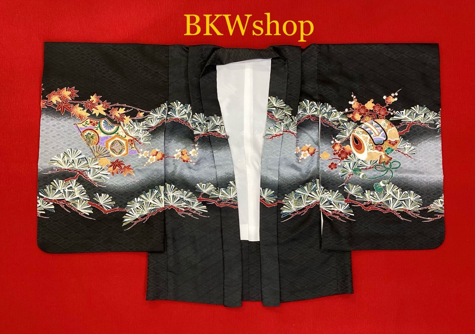 現品限り 品 ３才 羽織 袴 7点セット 羽織 紺地 熨斗目に鷹柄 着物 グレーぼかし花菱地 袴 黒 グレー ストライプ 七五三 アンティーク 男の子 着付練習 リメイク 舞台 演劇