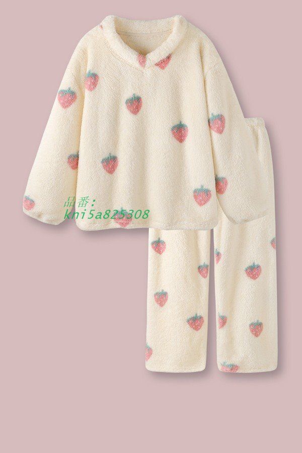イチゴ柄 ルームウェア もこもこパジャマ 冬 長袖 ナイトガウン 大人用 部屋着 モコモコ あったか 暖かい 上下セットレディース kni5a825308 DECORATOM_COM_BR