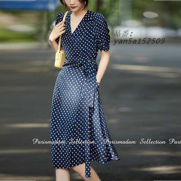 カシュクールプリントワンピース ドット柄 フ スカートワンピース 半袖 ひざ下丈 通勤通学20代30代40代50代60代 yan5a152509