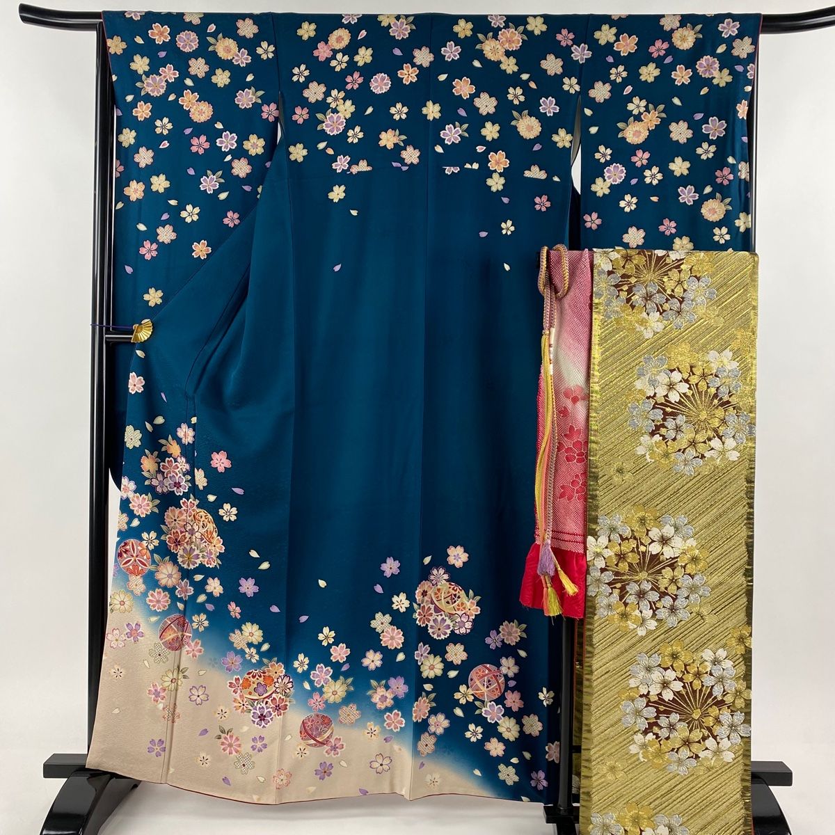 振袖 身丈164cm 裄丈65cm M 袷 袋帯フルセット 手鞠 桜 金糸 金彩 青緑 正絹 名品