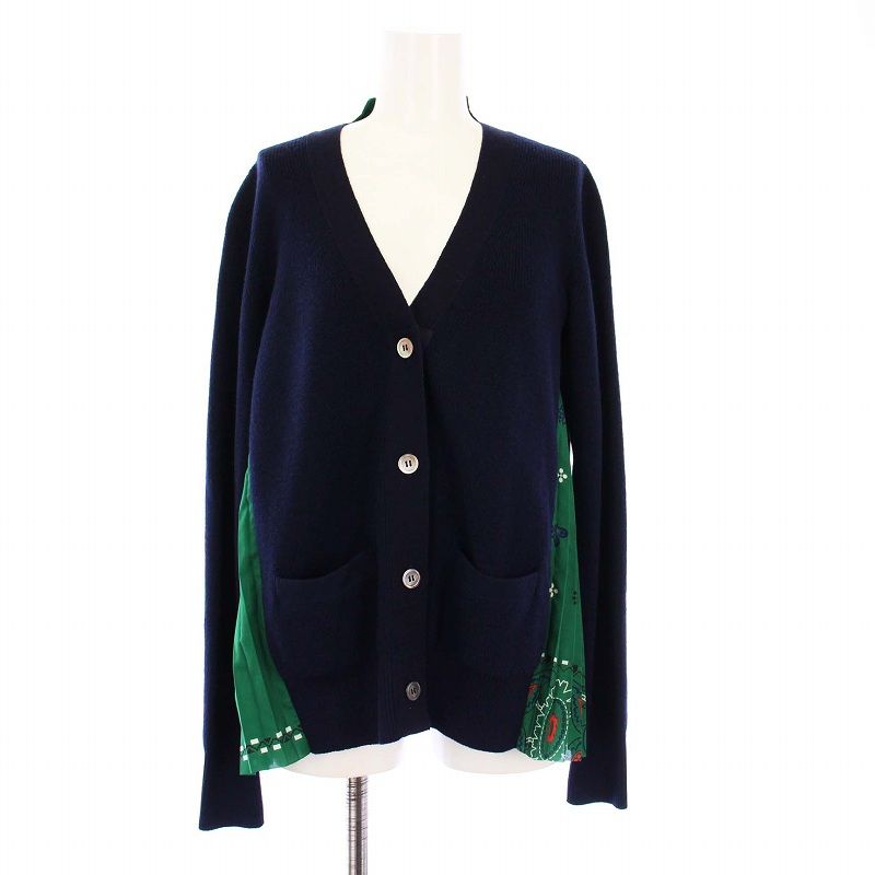 サカイ sacai ペイズリーバックプリントカーディガン 長袖 ニット切替 プリーツ 1 紺 緑 17-03295 |KH