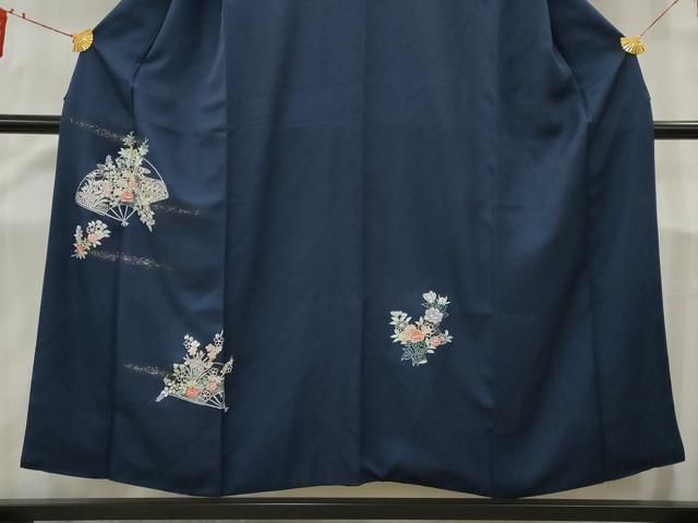 D757 訪問着　やまと誂製　総刺繍　華文　ネイビー　正絹　着物袷　極美品 平和屋着物□訪問着 総刺繍 中国三大刺繍 相良刺繍 扇面草花文 金彩