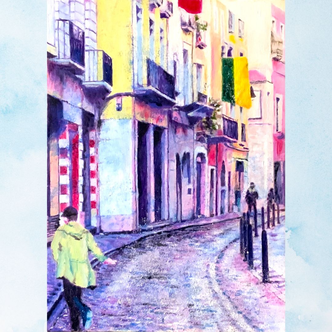 風景画/街の風景「ジローナ街歩き」油彩画/F4/額付き 福家佳則作品/