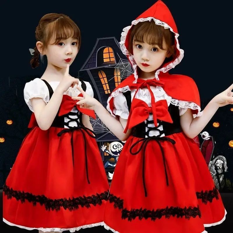 ハロウィン 衣装 子供コスプレ 未使用 女の子 赤頭巾ちゃん 仮装 コスプレ衣装 万聖節 変身 2点セット マント ワンピース キッズ ガールズ コスプレ ジュニア パーディー お遊戯会 文化祭 学園際 仮装舞会 xzzhang614