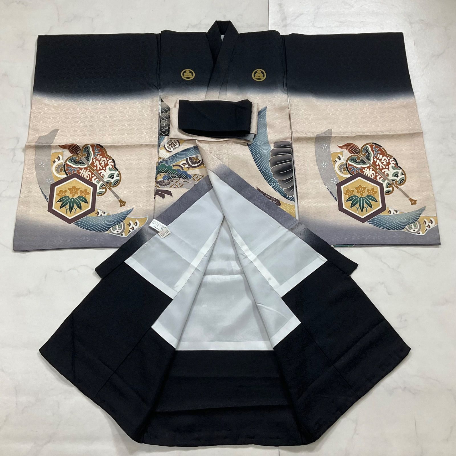男児　お土産参り　七五三　正絹着物 ◇kimono+one◇美品◇産着◇お宮参り◇正絹◇五つ紋◇子供着物