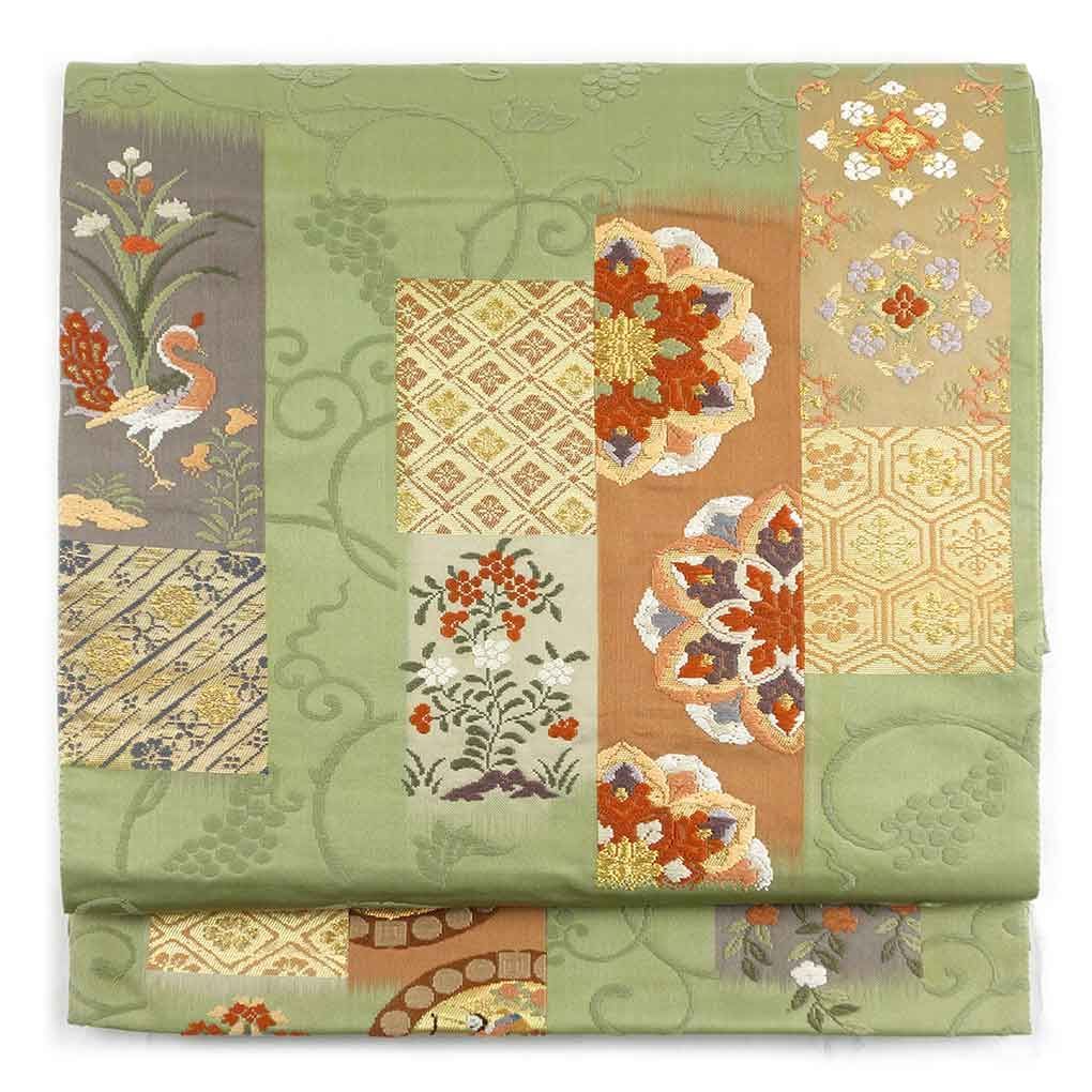 袋帯 幅31cm 長さ440cm レディース 蔦柄 秋冬春用 正絹 シルク グリーン リメイク リユース リサイクル 呉服のきくや