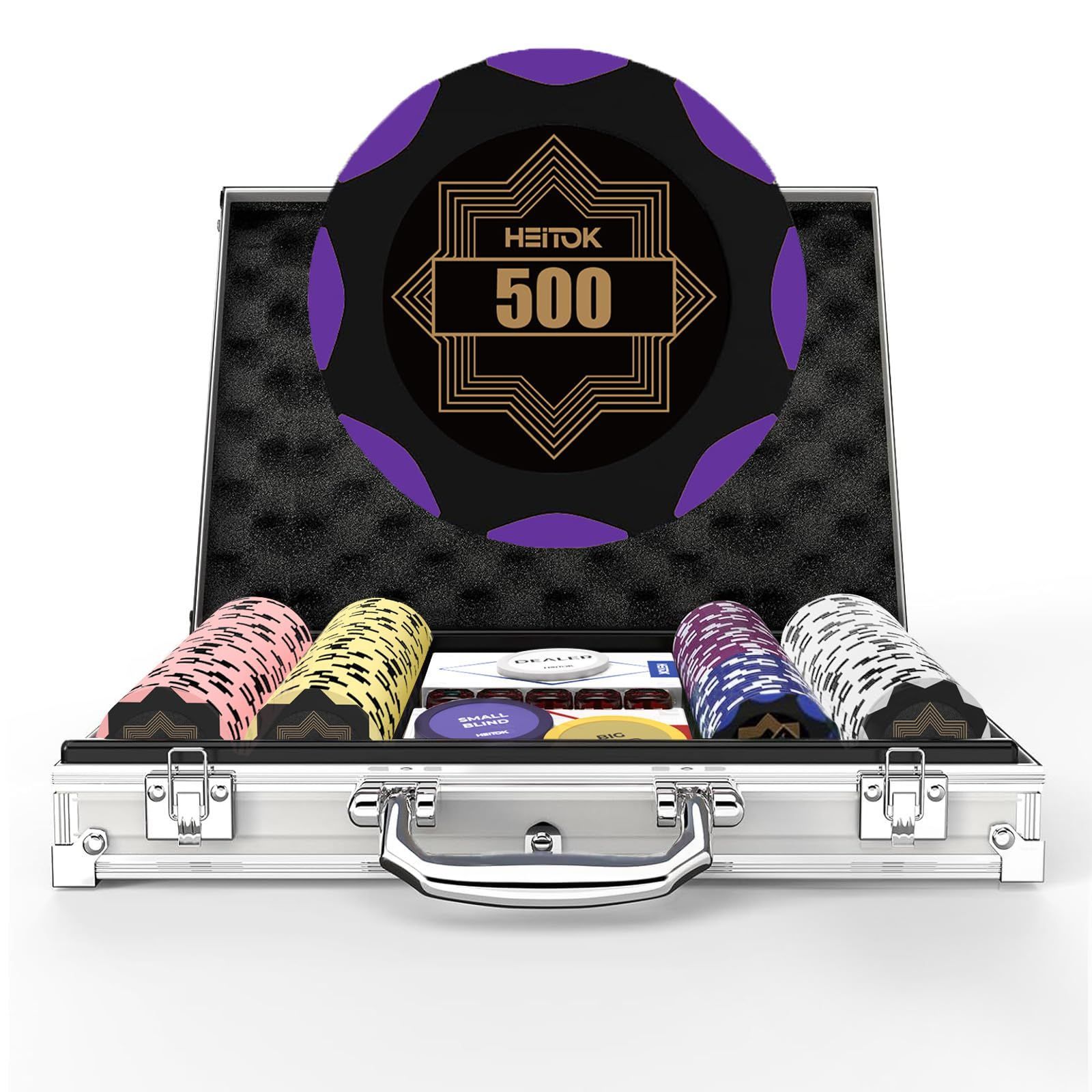 Color 200枚チップバリュー表記あり HEITOK ポーカーチップ 200枚 カジノ 14g ポーカーセット ナンバー付き アルミケースセット テキサスホールデム対応 ダイス5個 トランプ2組付き