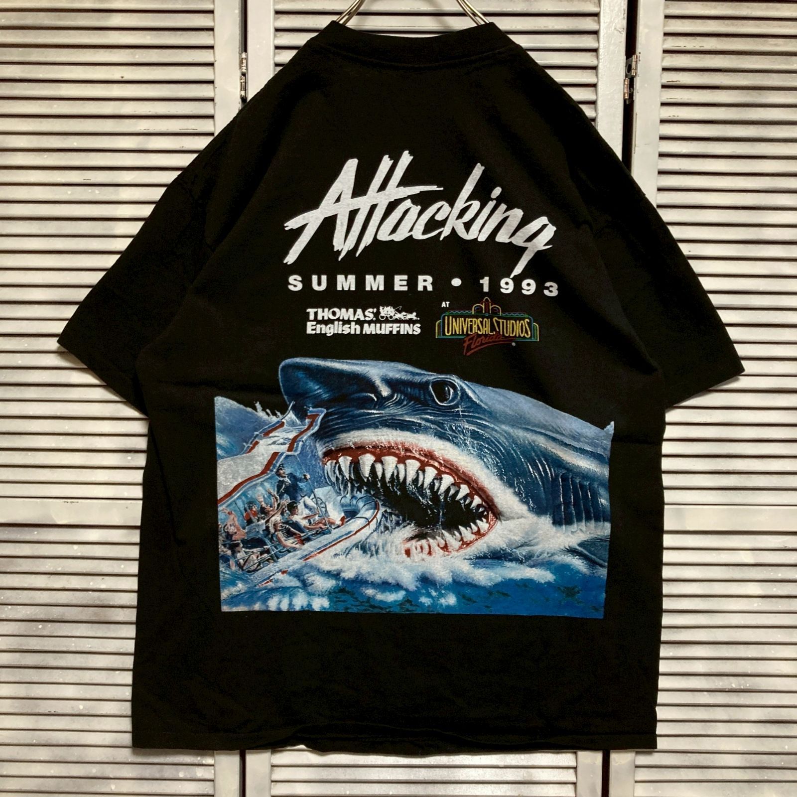 db様フォロー割XL★ONEITA製★93年映画ジョーズ★名作ムービーTシャツ黒 mm] BFSQ ムービー Tシャツ 古着 黒 ジョーズ JOES サメ